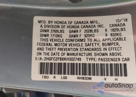 2019 Honda Civic Sport из США, поврежденный, VIN 2HGFC2F8XKH502749